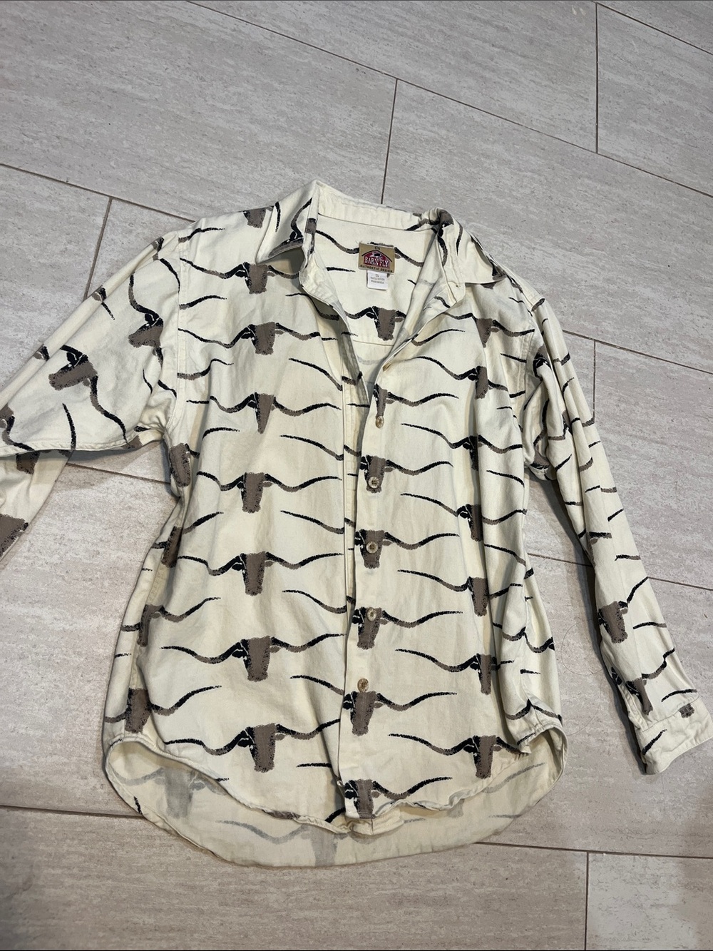 Women's Cream Button-Down Shirt with Brown & Black Steer Print